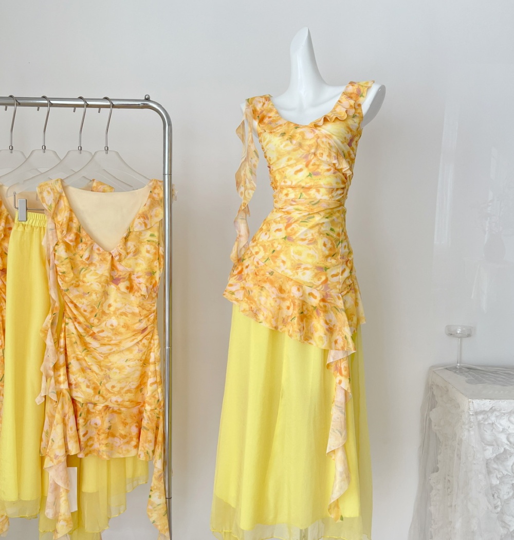 Floral sling gauze dress yellow maiden long dress