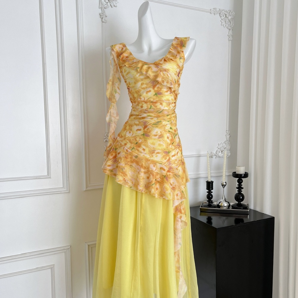Floral sling gauze dress yellow maiden long dress