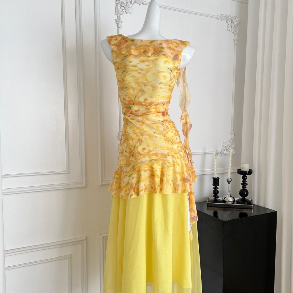 Floral sling gauze dress yellow maiden long dress