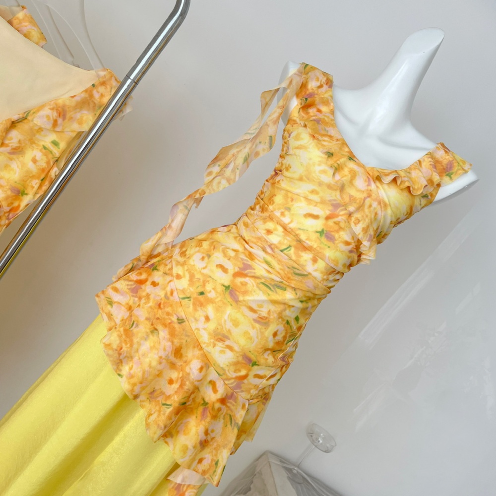 Floral sling gauze dress yellow maiden long dress