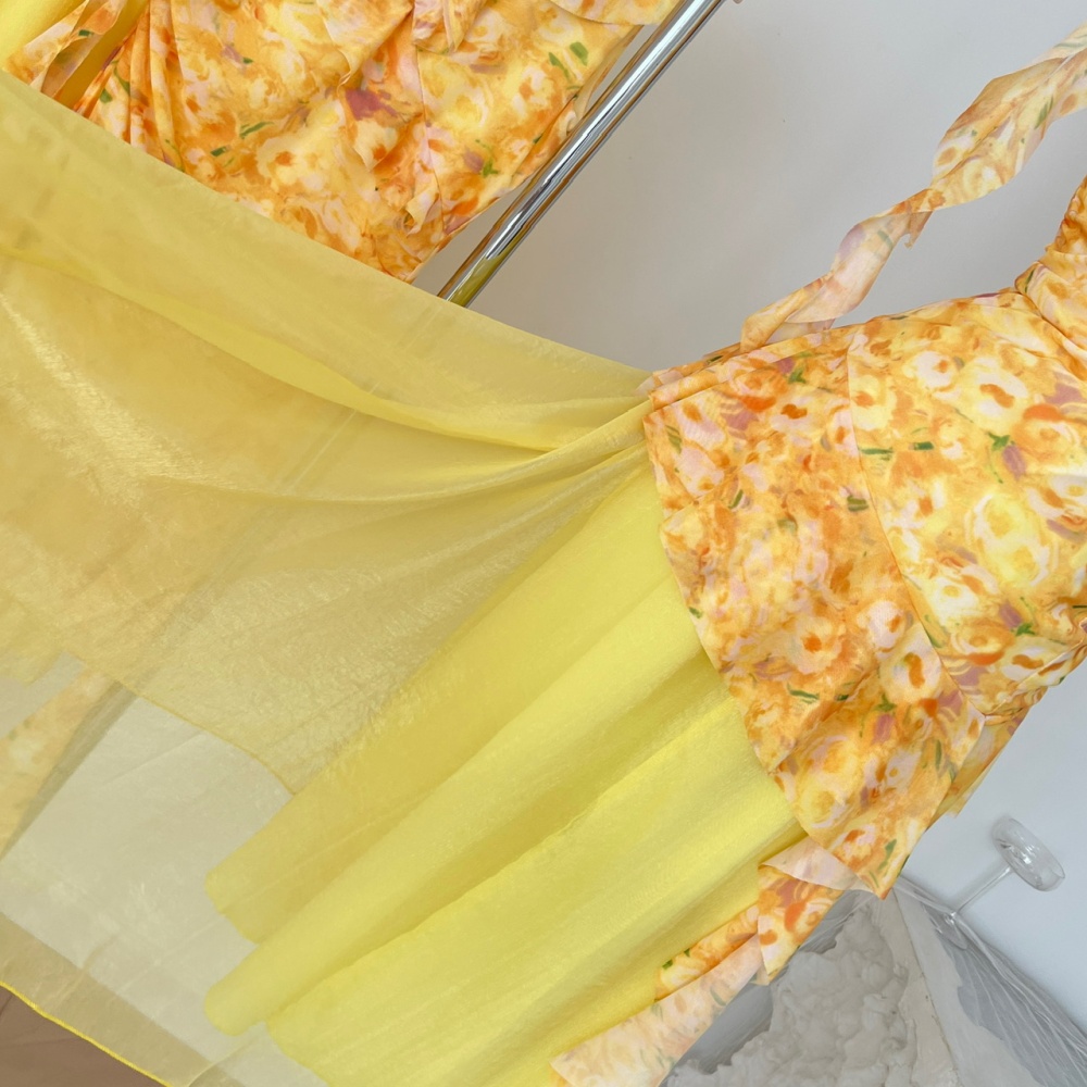 Floral sling gauze dress yellow maiden long dress