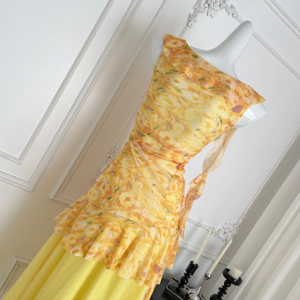 Floral sling gauze dress yellow maiden long dress