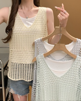 Knitted loose summer hollow sleeveless vest 2pcs set