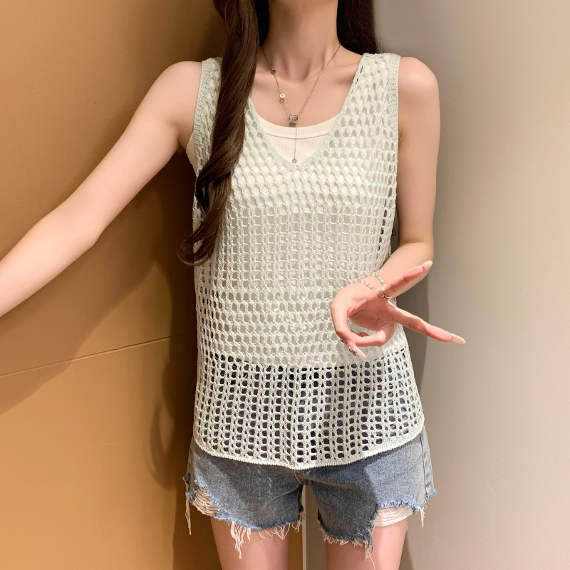Knitted loose summer hollow sleeveless vest 2pcs set