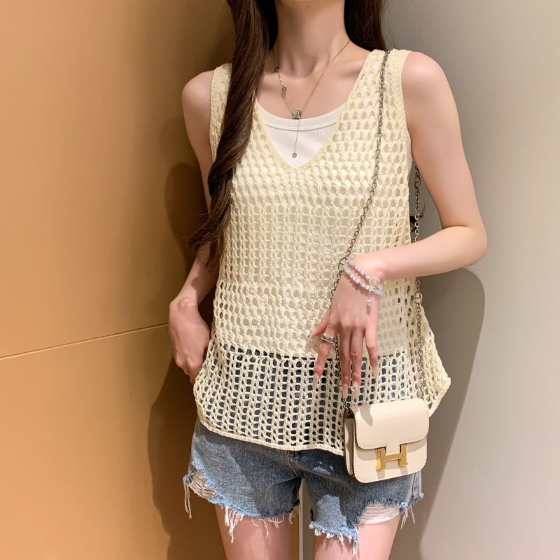 Knitted loose summer hollow sleeveless vest 2pcs set