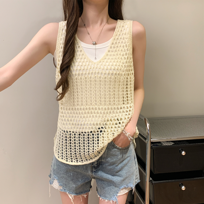 Knitted loose summer hollow sleeveless vest 2pcs set
