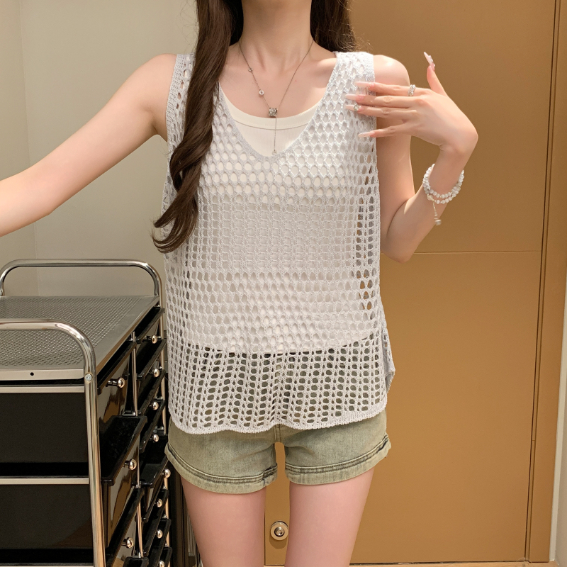 Knitted loose summer hollow sleeveless vest 2pcs set