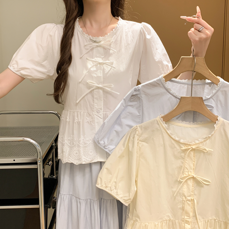 Show young bow slim summer temperament bubble lace shirt