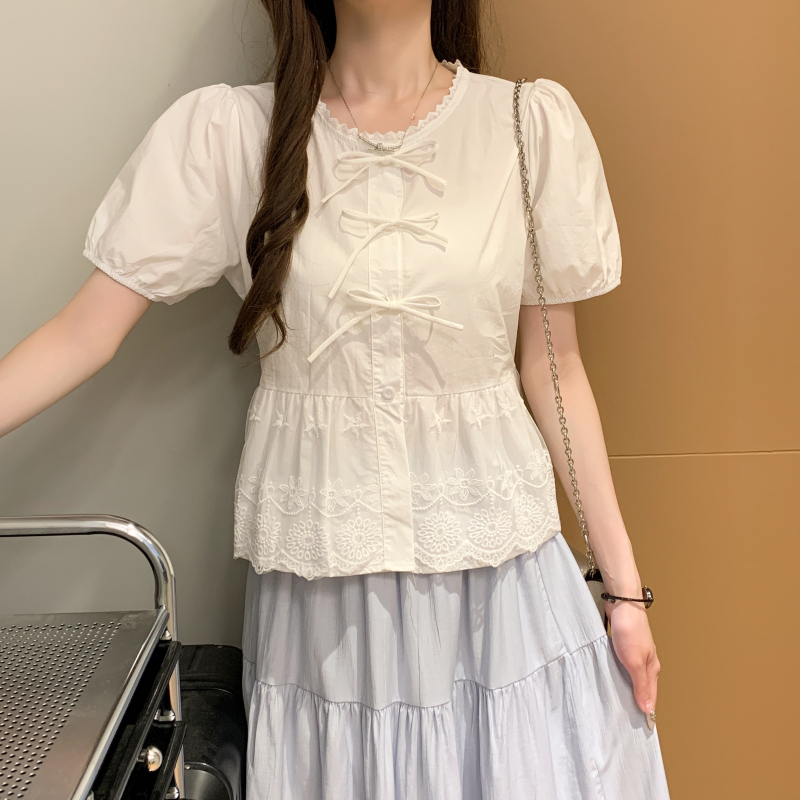 Show young bow slim summer temperament bubble lace shirt