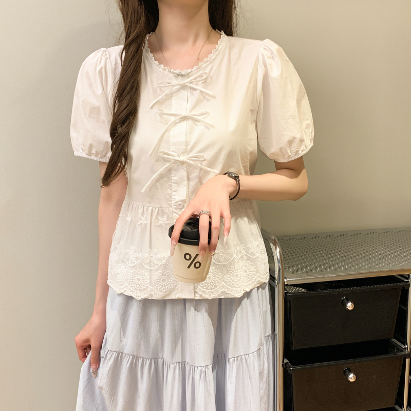 Show young bow slim summer temperament bubble lace shirt