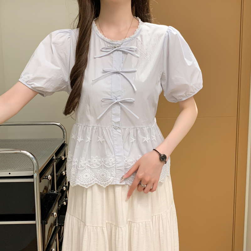 Show young bow slim summer temperament bubble lace shirt
