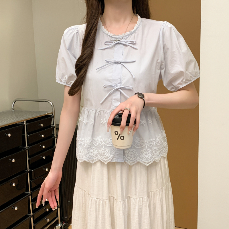 Show young bow slim summer temperament bubble lace shirt