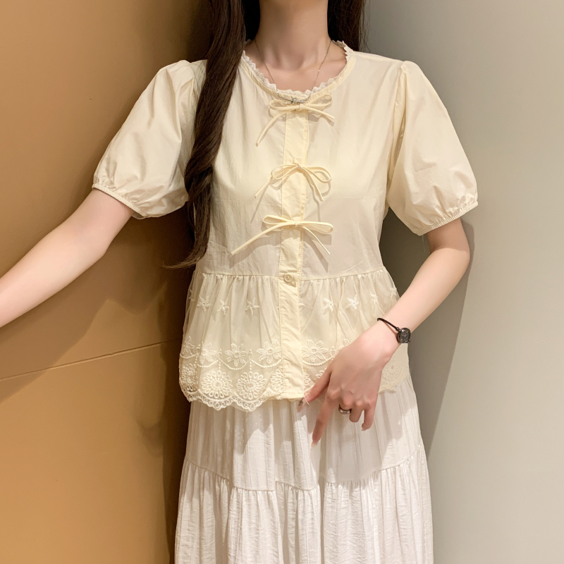 Show young bow slim summer temperament bubble lace shirt
