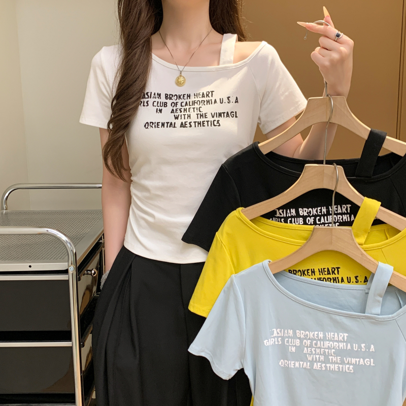 Retro all-match slim T-shirt short sleeve letters tops