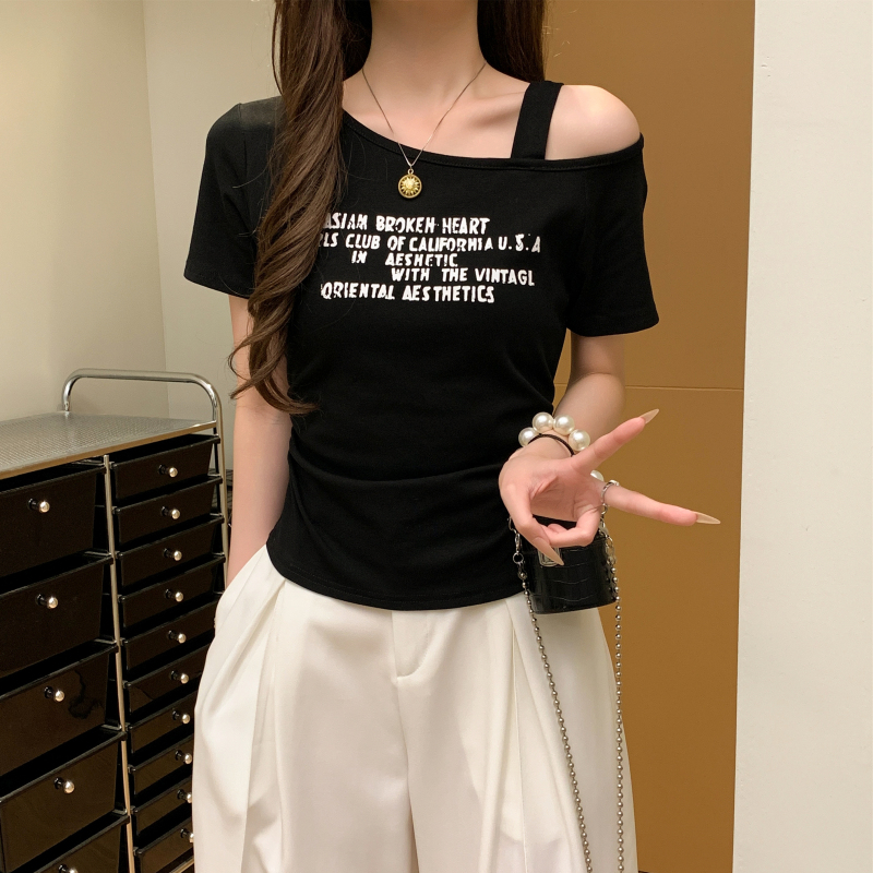 Retro all-match slim T-shirt short sleeve letters tops