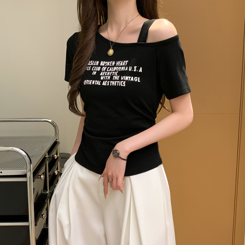 Retro all-match slim T-shirt short sleeve letters tops