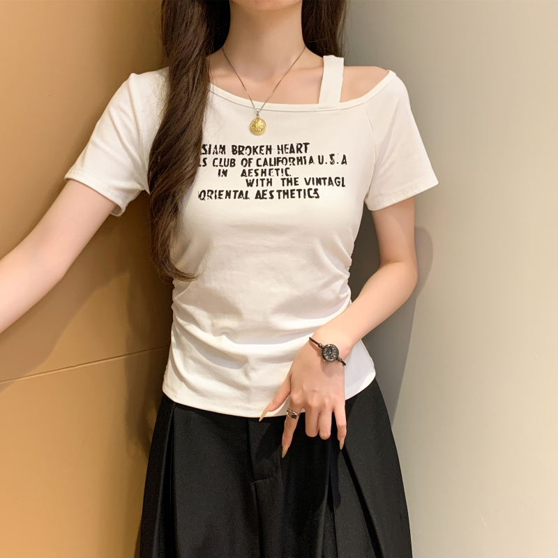 Retro all-match slim T-shirt short sleeve letters tops