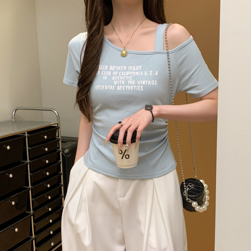 Retro all-match slim T-shirt short sleeve letters tops