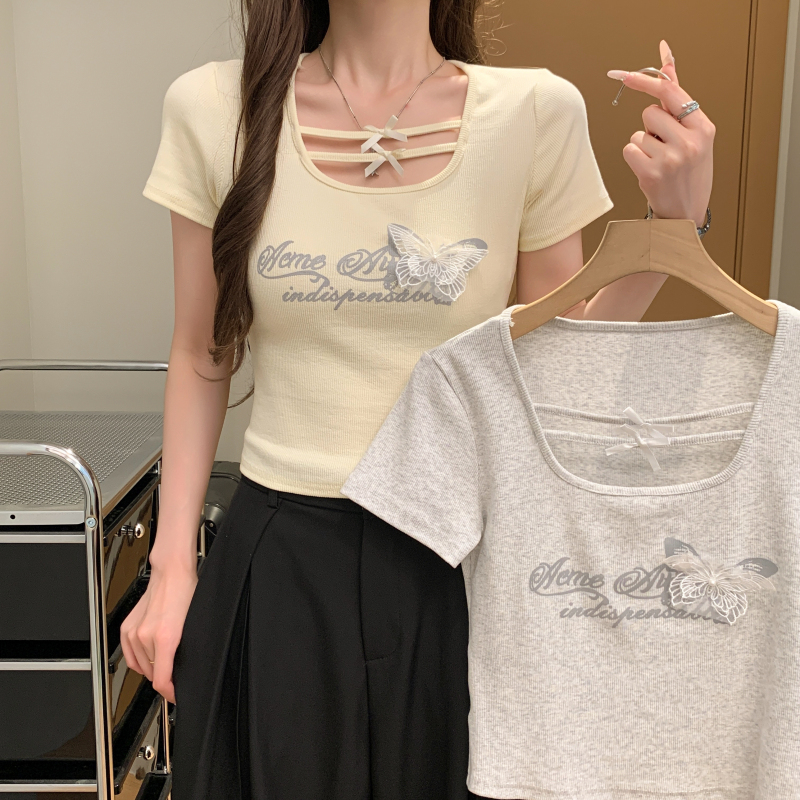 Short sleeve bow Korean style letters lace T-shirt