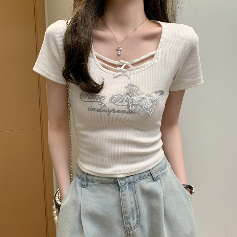Short sleeve bow Korean style letters lace T-shirt