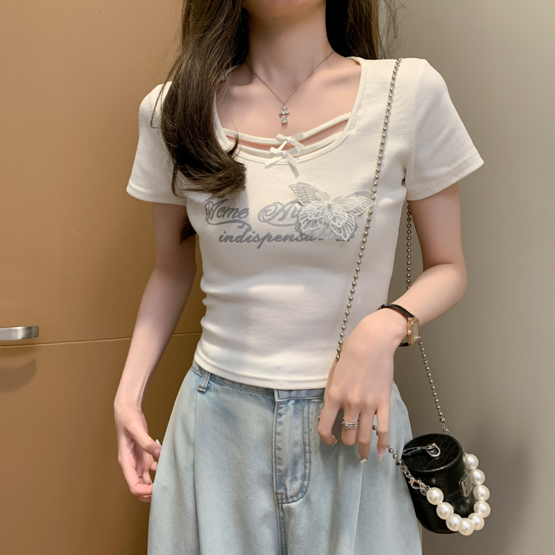 Short sleeve bow Korean style letters lace T-shirt