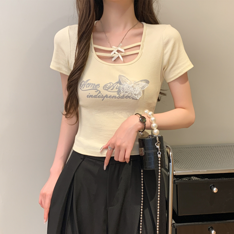 Short sleeve bow Korean style letters lace T-shirt