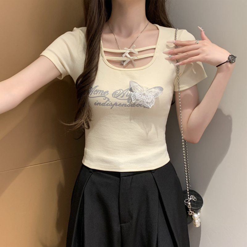 Short sleeve bow Korean style letters lace T-shirt