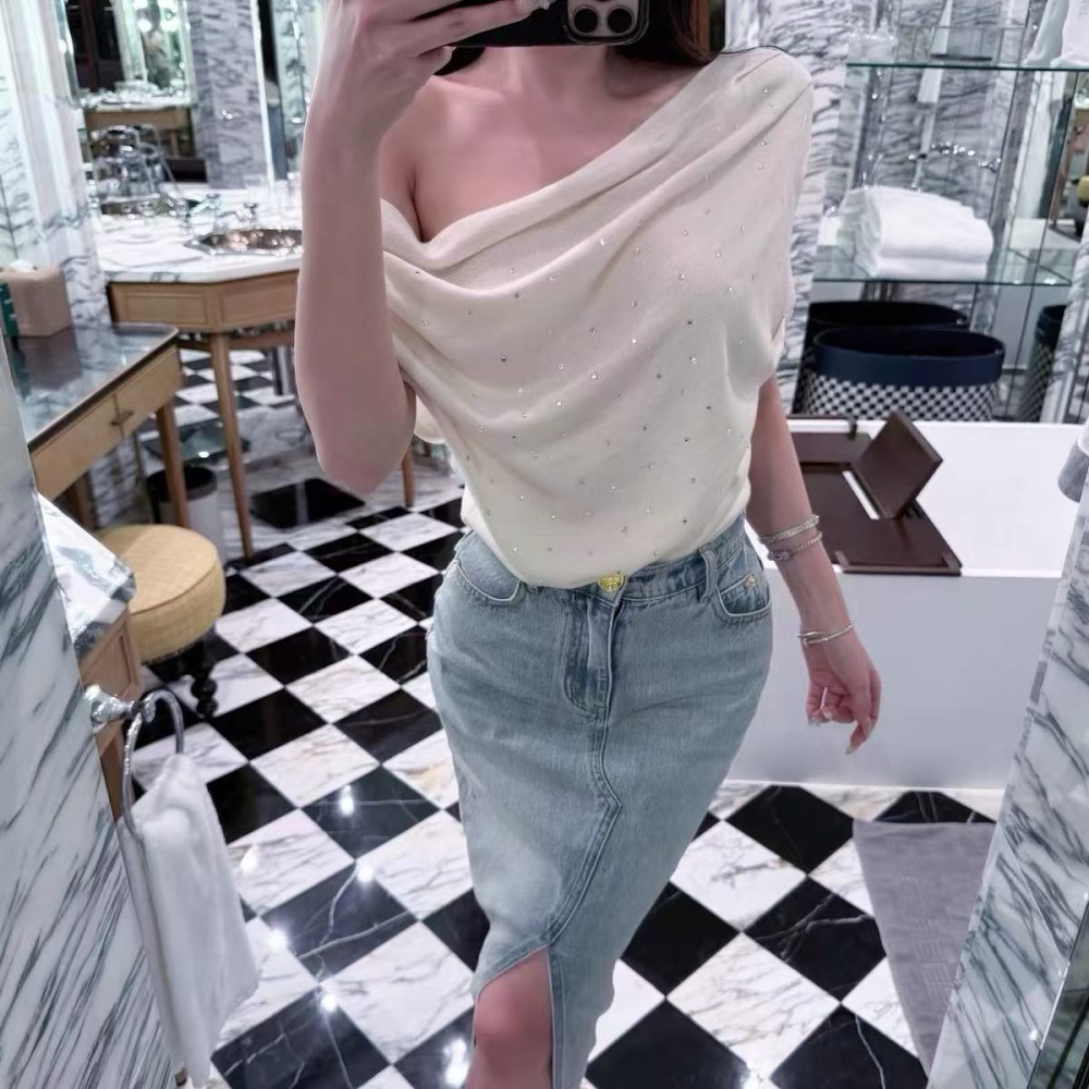Wool knitted short sleeve irregular T-shirt for women