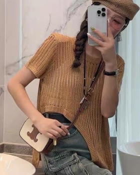 Split lazy summer tops France style knitted T-shirt for women