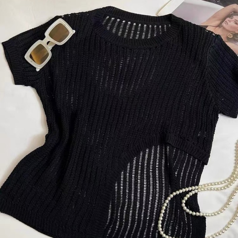 Split lazy summer tops France style knitted T-shirt for women
