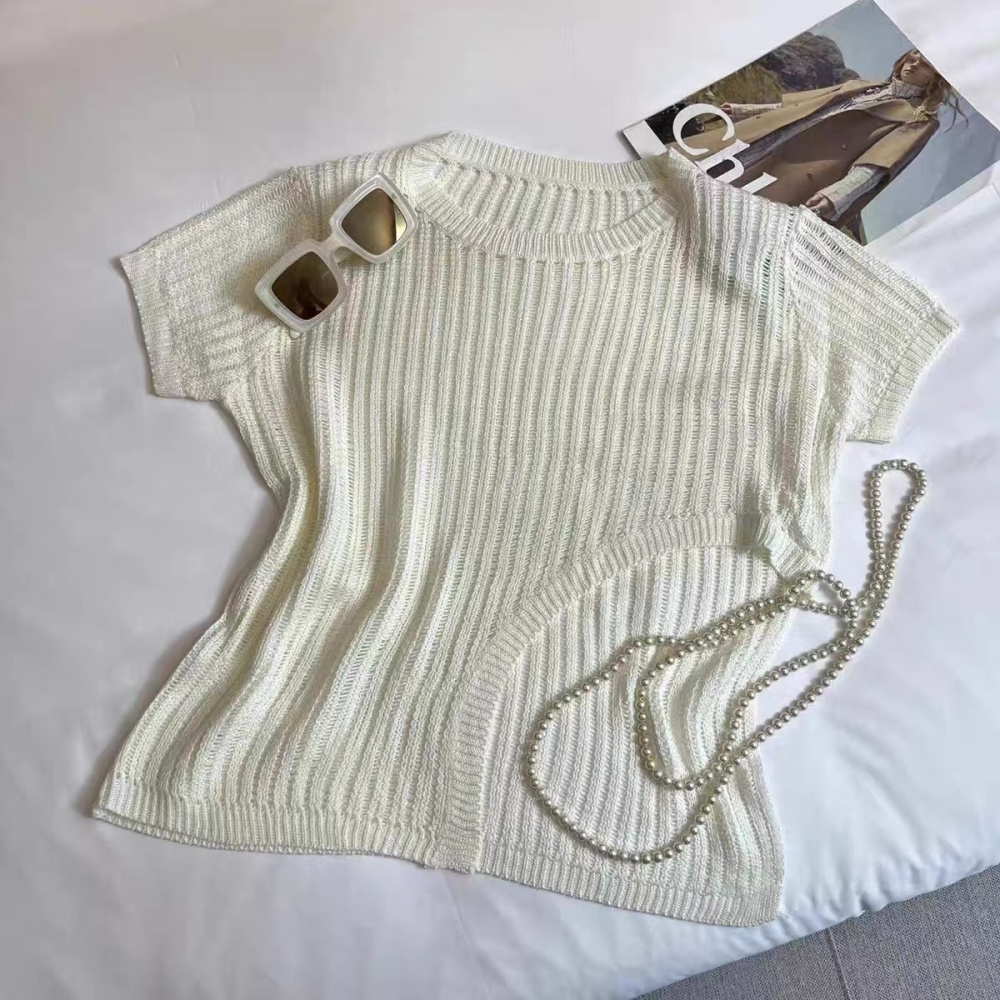 Split lazy summer tops France style knitted T-shirt for women