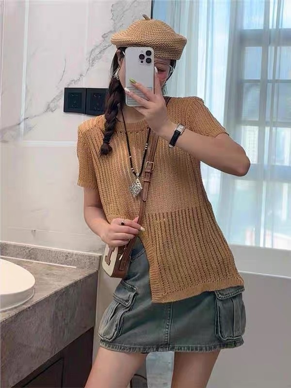 Split lazy summer tops France style knitted T-shirt for women