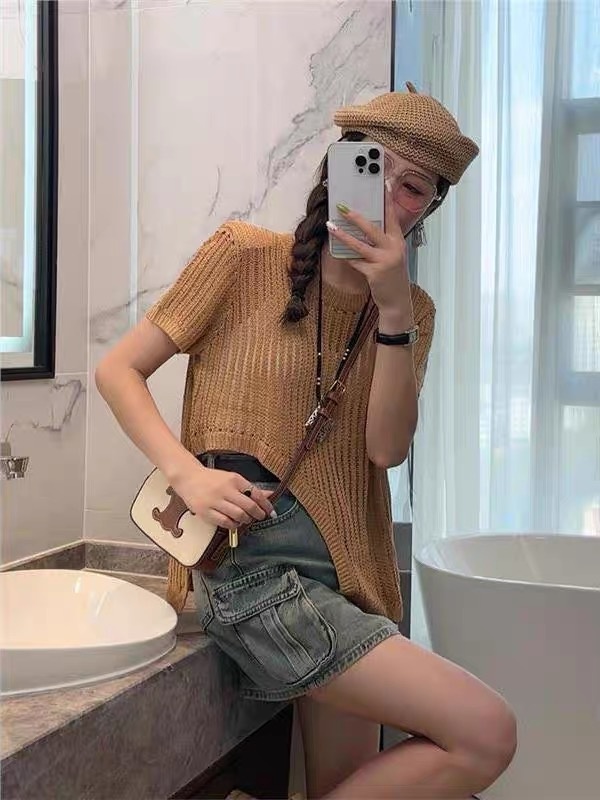 Split lazy summer tops France style knitted T-shirt for women