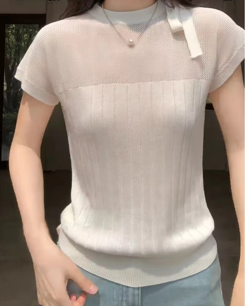 Simple France style T-shirt all-match knitted tops for women