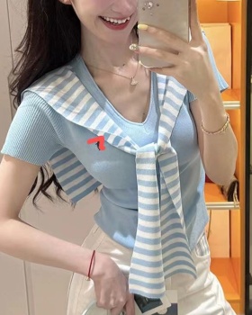 Knitted Korean style T-shirt pinched waist tops 2pcs set for women