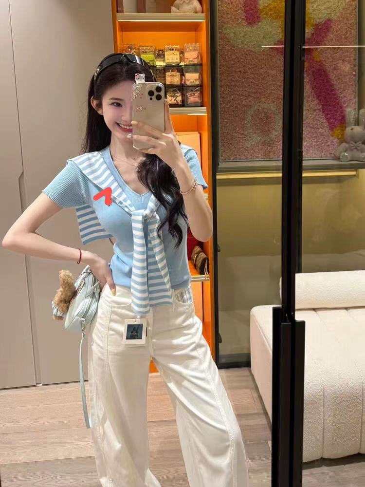Knitted Korean style T-shirt pinched waist tops 2pcs set for women