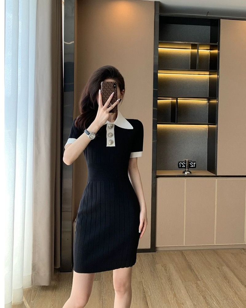 Temperament lapel France style summer slim dress
