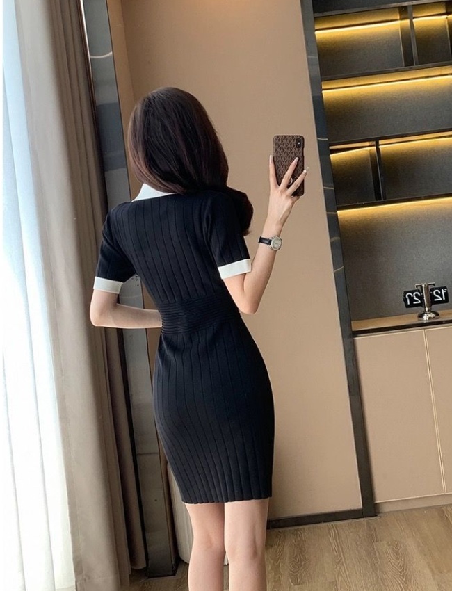 Temperament lapel France style summer slim dress