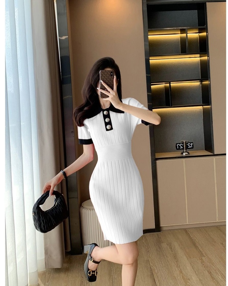 Temperament lapel France style summer slim dress