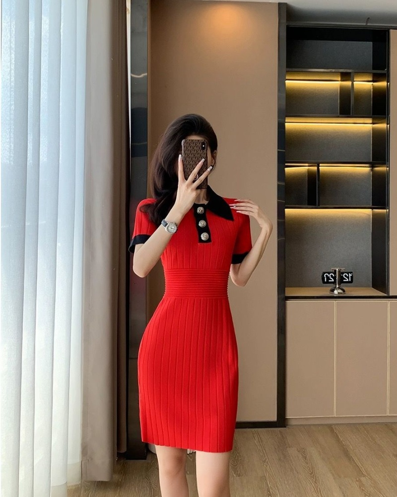 Temperament lapel France style summer slim dress