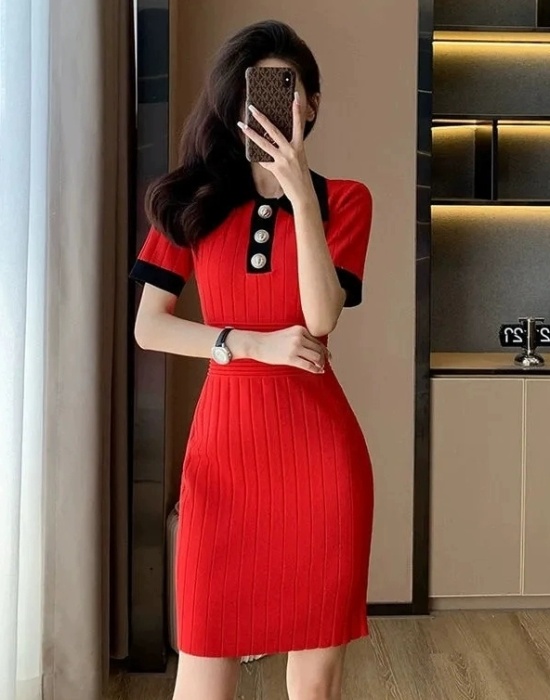 Temperament lapel France style summer slim dress