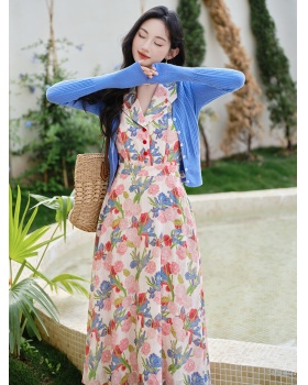 Floral sling coat knitted dress a set