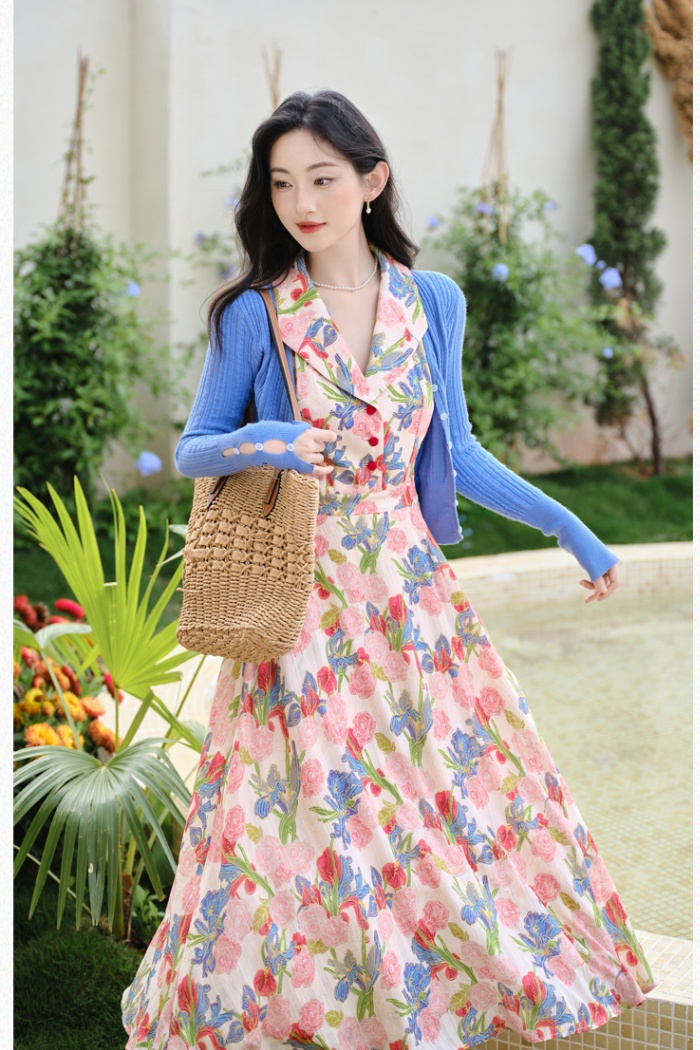 Floral sling coat knitted dress a set