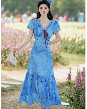 Tie dye floral long dress embroidery V-neck dress