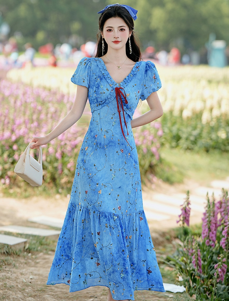 Tie dye floral long dress embroidery V-neck dress