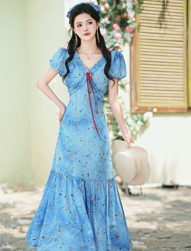 Tie dye floral long dress embroidery V-neck dress