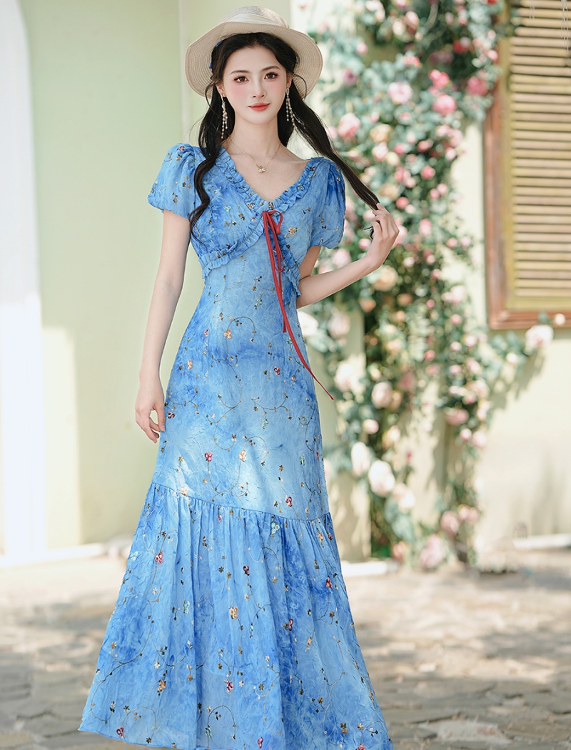 Tie dye floral long dress embroidery V-neck dress