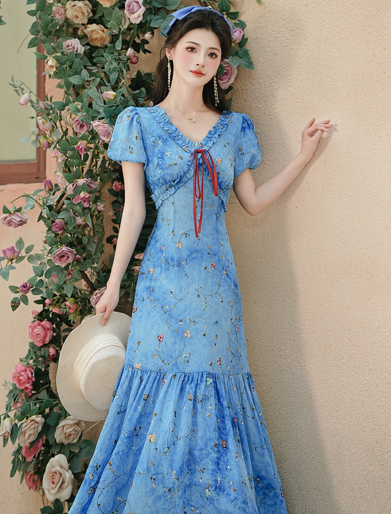 Tie dye floral long dress embroidery V-neck dress