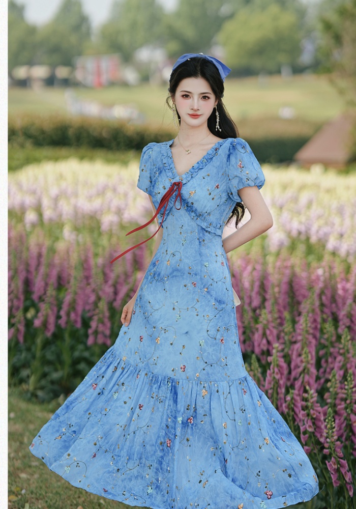 Tie dye floral long dress embroidery V-neck dress