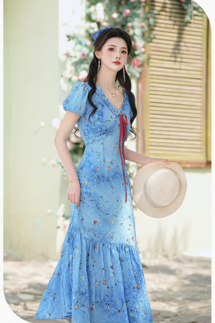 Tie dye floral long dress embroidery V-neck dress